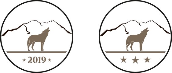 Wolf on a background of mountains stars and text