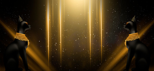 Egyptian asbstract background, goddess of Egypt Bastet and Cleopatra, pyramids, abstract dark background