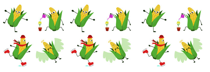 Obraz premium Funny happy fresh corn vegetables drawing illustration isolated.