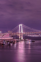 Fototapeta premium Purple night on Rainbow Bridge with cruise ships moored in Odaiba Bay of Tokyo.