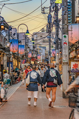 Retro old-fashionned shopping street Yanaka Ginza famous as a spectacular spot for sunset golden hour from the Yuyakedandan stairs.