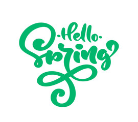Green Calligraphy lettering phrase Hello Spring. Vector Hand Drawn Isolated text. sketch doodle design for greeting card, scrapbook, print