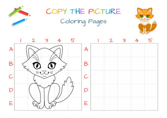 Funny little cat. Copy the picture. Coloring book. Educational game for children. Cartoon vector illustration