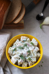 Traditional cold potato salad with onions and herbs on a linen tablecloth background. Rustic style.