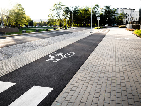 Bicycle Sign On The Road Used For Pedestrian Crossing, The Symbol Of A Bike Path On The Ground In Black And White.