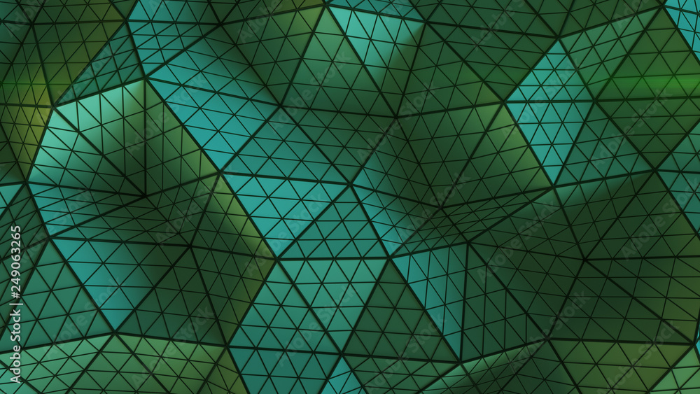 Poster green triangulated shape with polygons 3d rendering