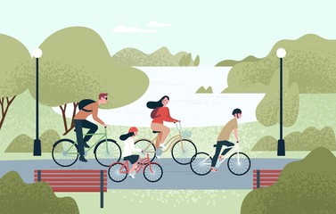 Happy family riding bicycles. Joyful mother, father, daughter and son on bikes at park. Parents and kids cycling together. Recreational outdoor activity. Vector illustration in flat cartoon style.