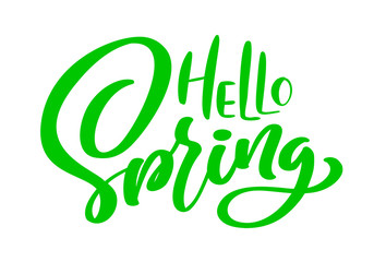 Green Calligraphy lettering phrase Hello Spring. Vector Hand Drawn Isolated text. sketch doodle design for greeting card, scrapbook, print