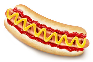 Delicious hot dog with ketchup and mustard, isolated on white background