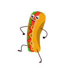 Hot dogs, cheerful, fun drawing cartoon on the white background.