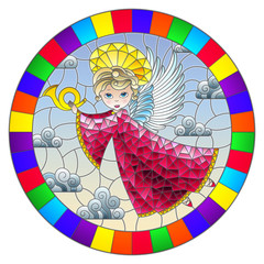 Illustration in stained glass style with cartoon  angel in pink dress playing the horn against the cloudy sky,round image in bright frame