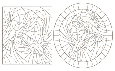 Set contour illustrations of the stained glass Windows with doves, dark outlines on white background, rectangular and oval images