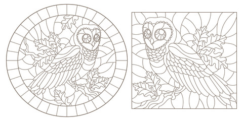 Naklejka premium Set of contour illustrations with owls, dark contours on white background, oval and rectangular image in the frame