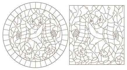 Set contour illustrations of stained glass with sea horses on a background of seaweed, dark outlines on white background, rectangular and oval images