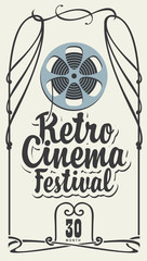 Vector poster for retro cinema festival with old film strip reel and calligraphic inscription. Can be used for banner, flyer, billboard, web page, background, ticket