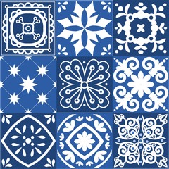 Blue Portuguese tiles pattern - Azulejos vector, fashion interior design tiles 