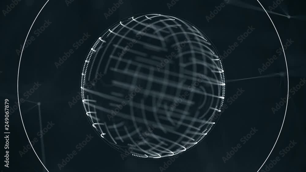 Poster digital, grey transparent sphere with small moving dots on its surface rotating nad receiving signal