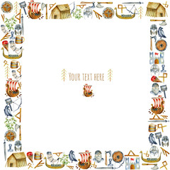 Frame with watercolor elements of viking culture, hand drawn illustration, white background