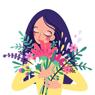 Vector illustration with lovely women and bouquet of flowers isolated on background. Spring cards with cute girl. International Women's Day. Can be used for banner, poster, card, postcard or printable