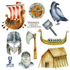 Watercolor elements of viking culture, hand drawn illustration isolated on a white background