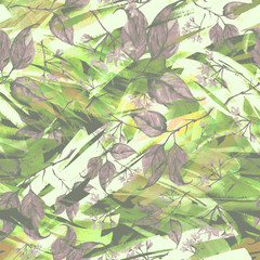Seamless watercolor vintage pattern - branch of a linden, flower.splash of abstract paint, fashionable art background, shawl. linden flowers, leaves. Abstract splash yellow, green watercolor