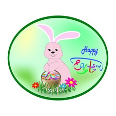 Easter bunny and eggs in oval. Holyday background design. Modern stylish abstract card for greeting. Symbol love, life, spring. Colorful template for prints, banner, card, label. Vector illustration.
