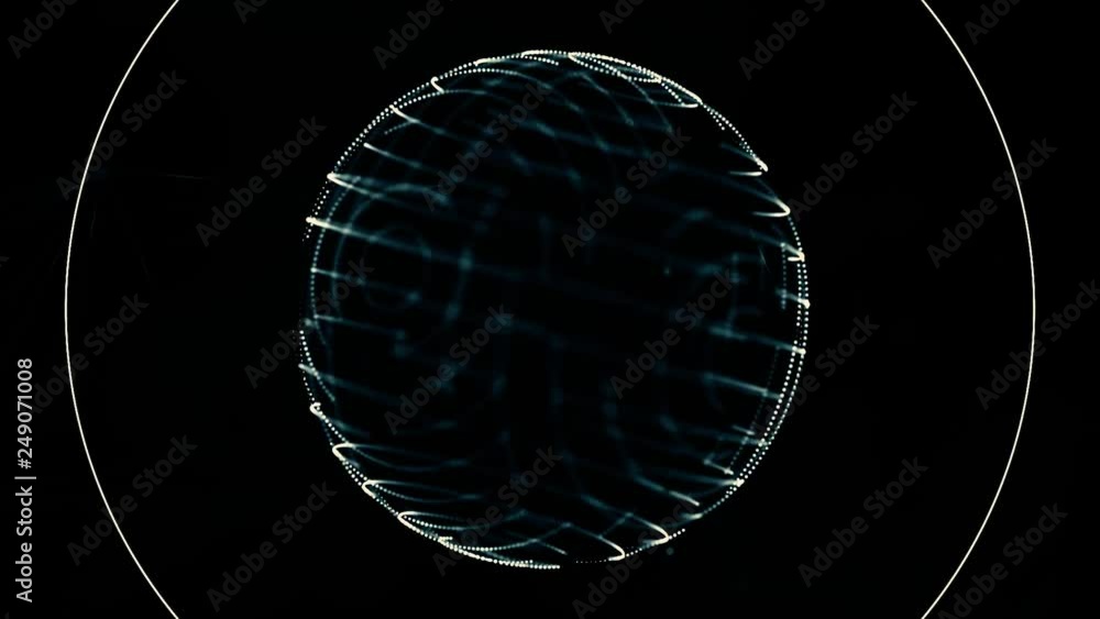 Poster digital, blue transparent sphere with small moving dots on its surface rotating nad receiving signal