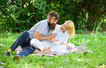 How to balance freelance and family life. Couple youth spend leisure outdoors working with laptop. Couple in love or family work freelance. Modern online business. Freelance life benefit concept