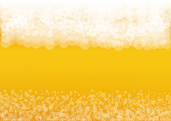 Beer foam. Craft lager splash. Oktoberfest background. German pint of ale with realistic white bubbles. Cool liquid drink for pub menu layout. Orange bottle with beer foam.