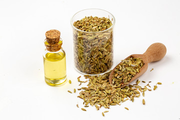 A bottle of fennel essential oil with fresh green fennel twigs and fennel seeds in the background
