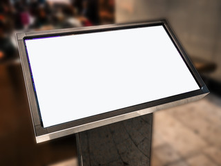 Digital media blank black and white screen modern panel, signboard for advertisement design in a shopping center, airport, gallery. Mockup, mock-up, mock up with blurred background, digital kiosk. - obrazy, fototapety, plakaty