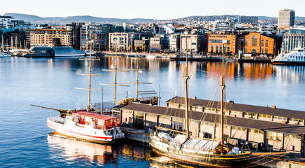 Scene view of the ships and boats in Oslo port, Norway