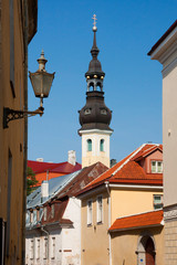 Tallinn. Estonia. The streets of the Old city. Transfiguration Cathedral spire. Transfiguration Cathedral is an Orthodox Church in Tallinn. The Cathedral was rebuilt in 1732. On the belfry is the olde