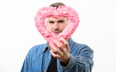 Surprise for her. Man with decorative heart. Date. Love and romance. Romantic greeting. Valentines...
