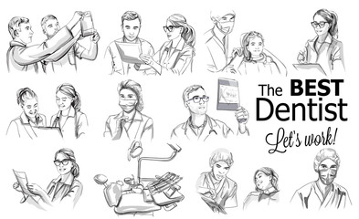 Dentist doctors storyboard Vector. Medical team concept set. Hospital medical staff team doctors nurses surgeon vector sketch illustrations