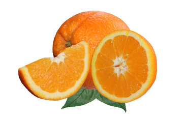composition with orange and  two slices on an isolated white background