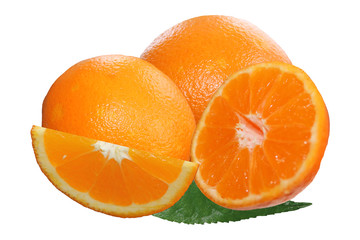two whole. half  and quarter of fresh orange   isolated on white background
