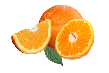 whole. half  and quarter of fresh orange   isolated on white background