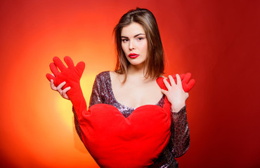 Sensual girl with decorative heart. Valentines day party. I love you. Love and romance. Valentines day sales. Romantic greeting. Be my valentine. Sexy woman in glamour dress. Love is a great feeling