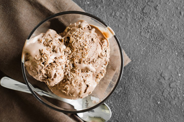 A plate of homemade chocolate ice cream with chocolate chips.