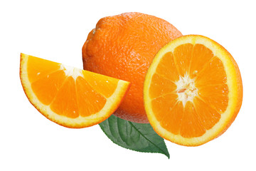 whole.  half  and quarter of fresh delicious orange  isolated on white background