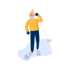 Elderly man character skiing. 
