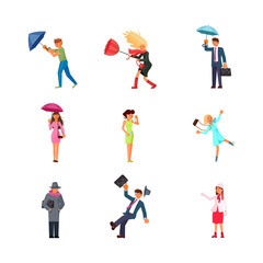 Set of people in different seasons and weather