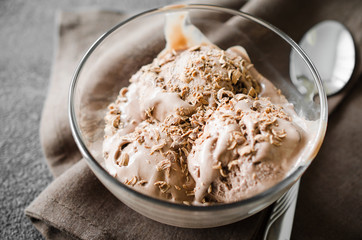 A plate of homemade chocolate ice cream with chocolate chips.