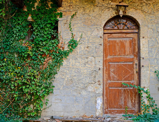 vintage brown arched door on stone wall and ivy foliage