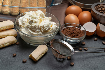 Ingredients for making traditional italian cake tiramisu on concrete table