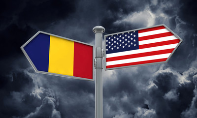 Romania and America flag moving in different direction. 3D Rendering