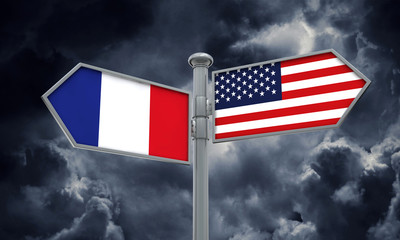 France and America flag moving in different direction. 3D Rendering