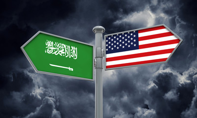 Saudi Arabia and America flag moving in different direction. 3D Rendering