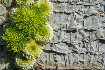 Grusskarte mit vertikaler Bordüe aus grünen Chrysanthemen  grossem Textfeld aus weissen Blättern im Vintagestil  auch als Hintergrund nutzbar